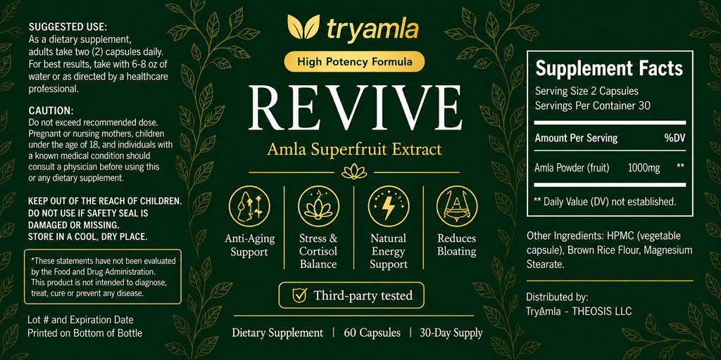 REVIVE by TryAmla label — 100% amla, one single ingredient, no fillers