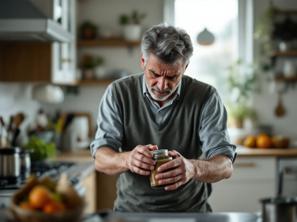 A man struggling to open a jar, hands aching