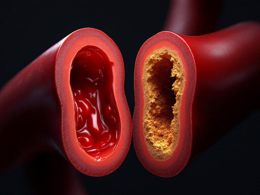 Healthy open artery versus an artery clogged with oxidised cholesterol plaque