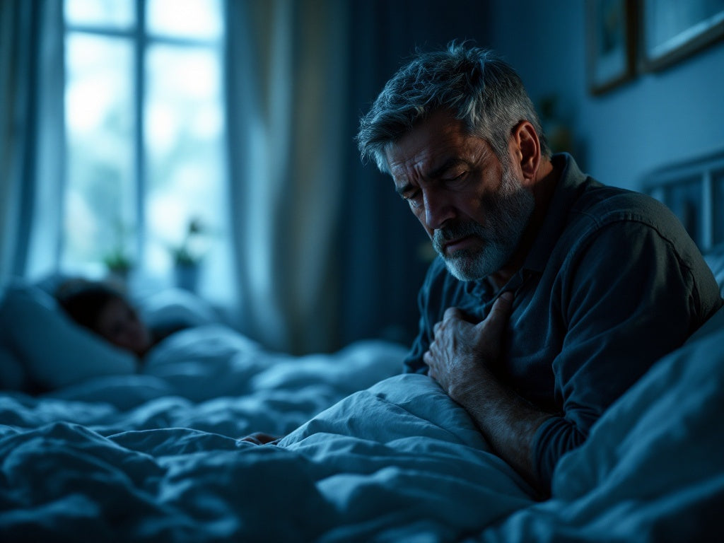 A man awake at night with chest discomfort