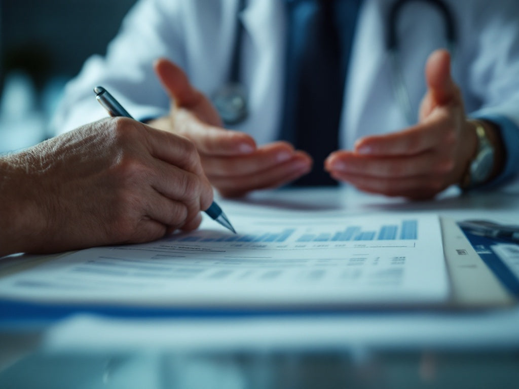 A doctor reassuring a patient holding a cholesterol lab report