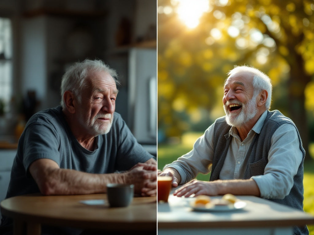 Two men the same age — one tired, one vibrant and active